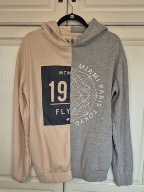 Two-Tone Beige & Gray Graphic Pullover Hoodie Streetwear Style